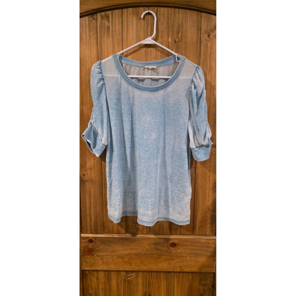 Jane and Delaney Pullover Top Womens L Blue Ruched Short‎ Sleeve Outdoor